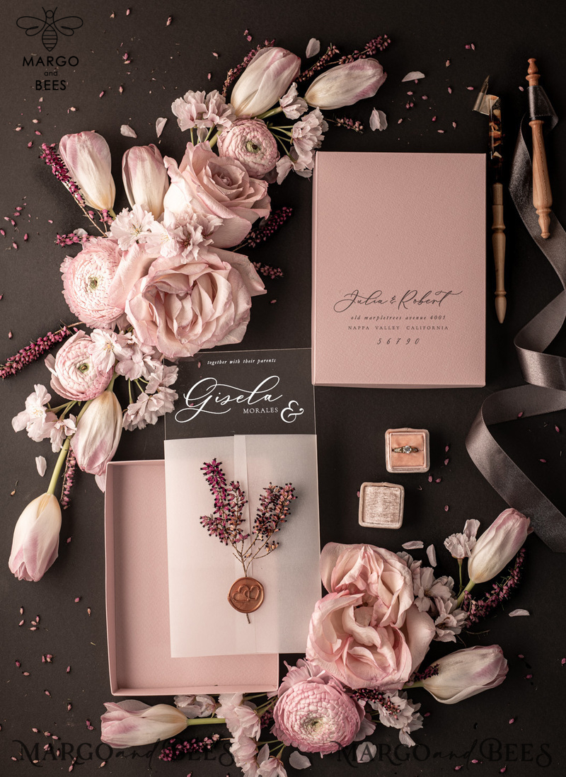 Romantic Blush Pink Box Wedding Invitation Suite, Elegant Heather Wedding Invites, Luxury Acrylic Plexi Wedding Invitations, Glamour Vellum Wedding Cards-8