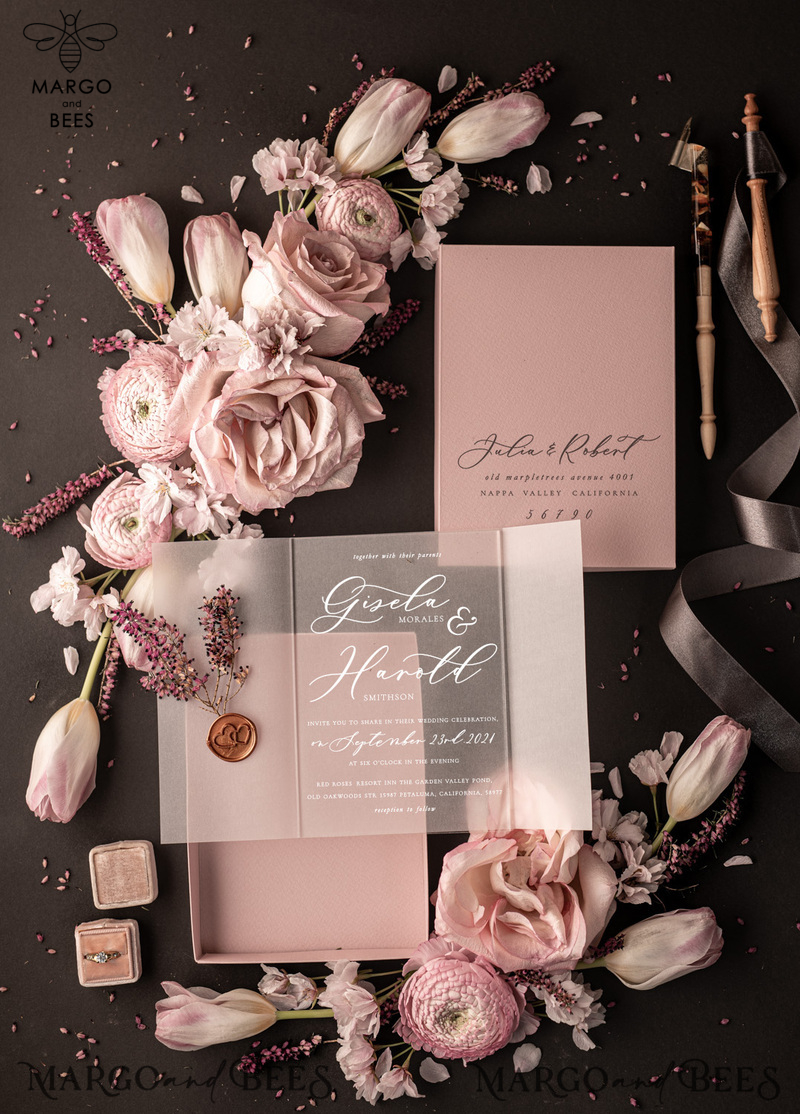 Romantic Blush Pink Box Wedding Invitation Suite, Elegant Heather Wedding Invites, Luxury Acrylic Plexi Wedding Invitations, Glamour Vellum Wedding Cards-25