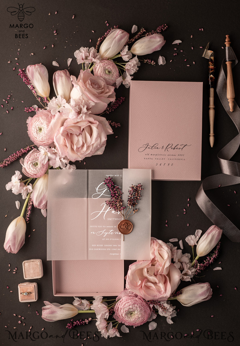 Romantic Blush Pink Box Wedding Invitation Suite, Elegant Heather Wedding Invites, Luxury Acrylic Plexi Wedding Invitations, Glamour Vellum Wedding Cards-5