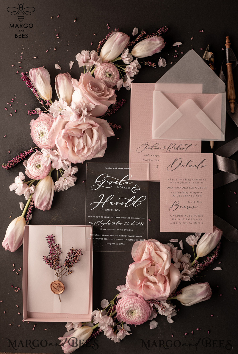 Romantic Blush Pink Box Wedding Invitation Suite, Elegant Heather Wedding Invites, Luxury Acrylic Plexi Wedding Invitations, Glamour Vellum Wedding Cards-2