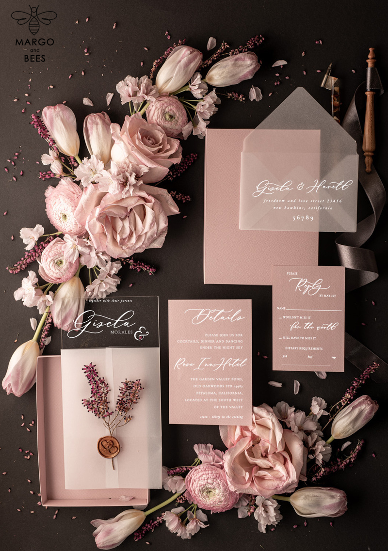 Elegant Blush Pink Box Wedding Invitation Suite with Luxury Acrylic Plexi and Glamour Vellum Wedding Cards-10