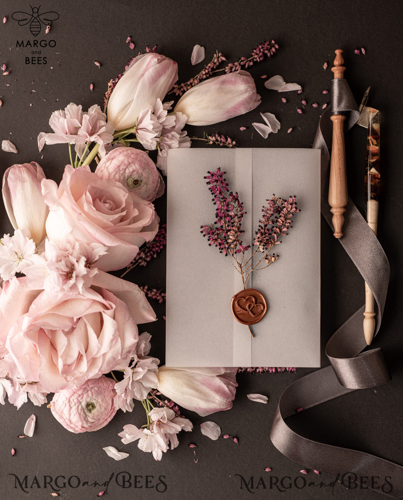 Romantic Blush Pink Box Wedding Invitation Suite, Elegant Heather Wedding Invites, Luxury Acrylic Plexi Wedding Invitations, Glamour Vellum Wedding Cards-13