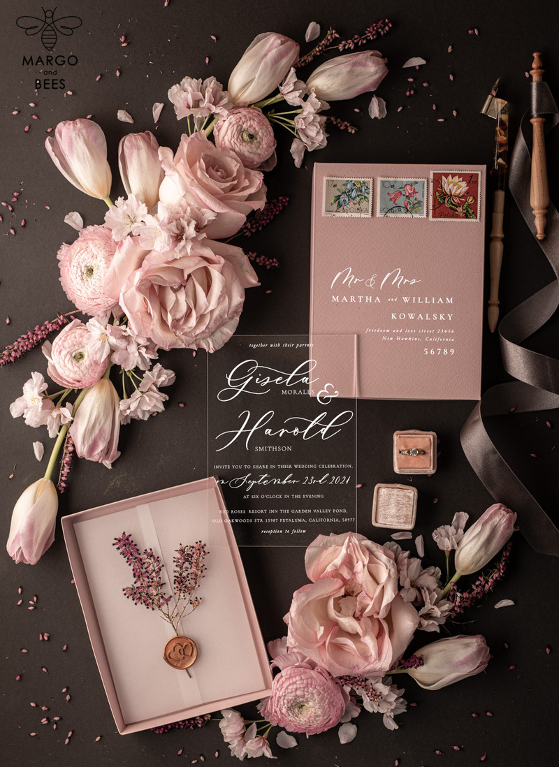 Elegant Blush Pink Box Wedding Invitation Suite with Luxury Acrylic Plexi and Glamour Vellum Wedding Cards-2