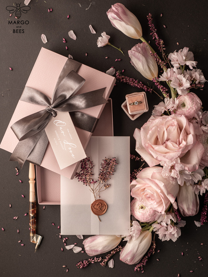 Elegant Blush Pink Box Wedding Invitation Suite with Luxury Acrylic Plexi and Glamour Vellum Wedding Cards-21
