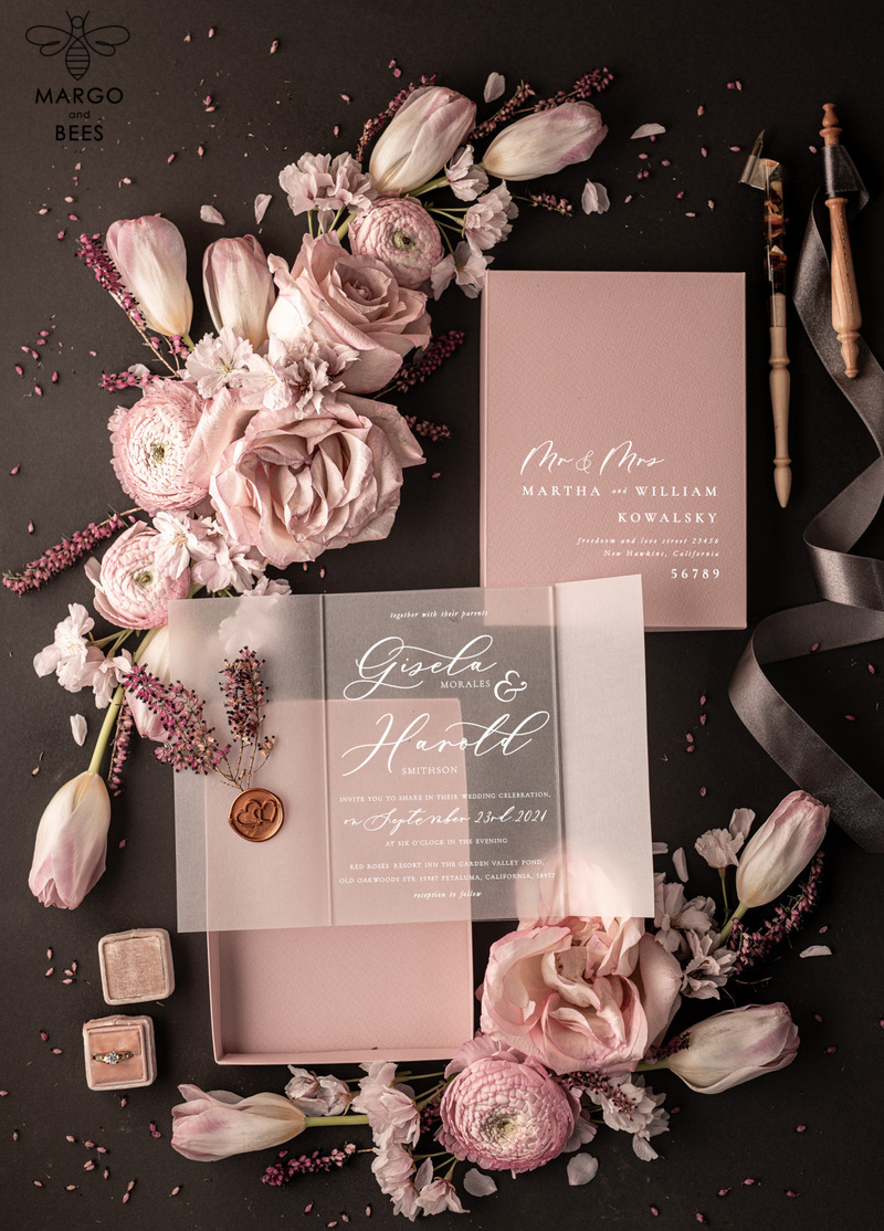 Elegant Blush Pink Box Wedding Invitation Suite with Luxury Acrylic Plexi and Glamour Vellum Wedding Cards-6