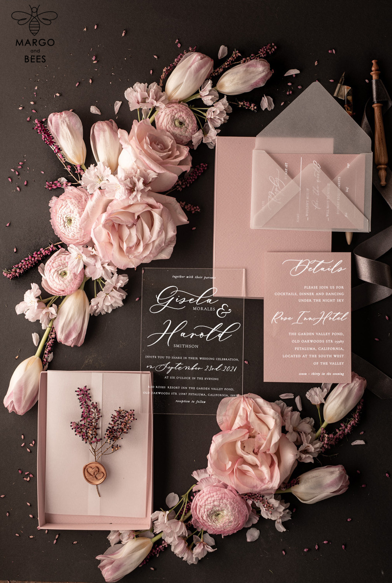 Elegant Blush Pink Box Wedding Invitation Suite with Luxury Acrylic Plexi and Glamour Vellum Wedding Cards-9