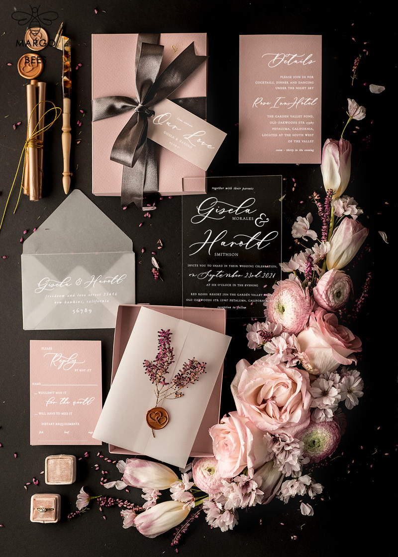 Elegant Blush Pink Box Wedding Invitation Suite with Luxury Acrylic Plexi and Glamour Vellum Wedding Cards-0