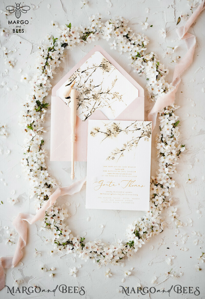 Romantic Blush Pink Wedding Invitations: Elegant White Sakura or Cherry Blossom with Minimalistic and Delicate Velvet Ribbon Suite-1