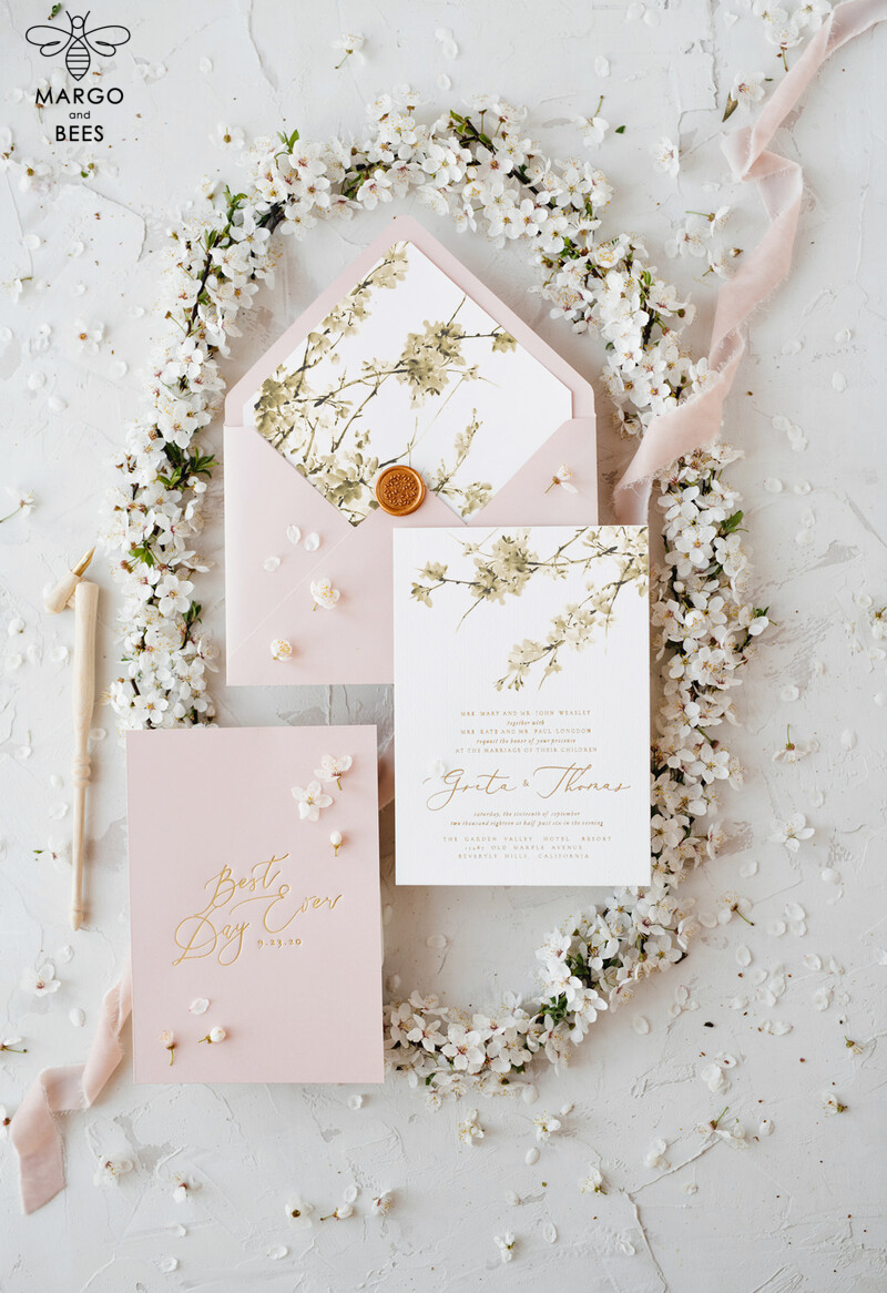 Cherry Blossom Personalized Wedding Invitations Elegant Stationery with Golden Letter Velvet silk Bow Blush Pink Envelope with Floral Liner-10