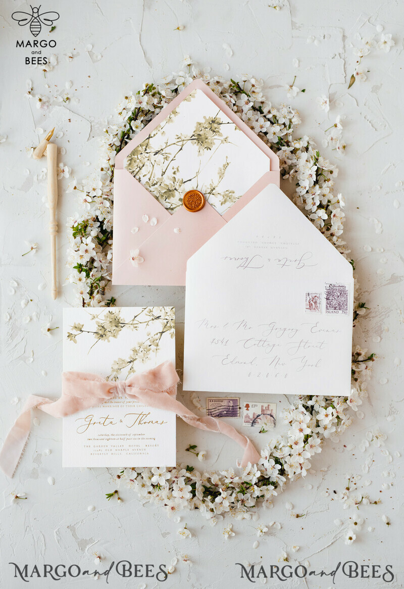 Cherry Blossom Personalized Wedding Invitations Elegant Stationery with Golden Letter Velvet silk Bow Blush Pink Envelope with Floral Liner-12