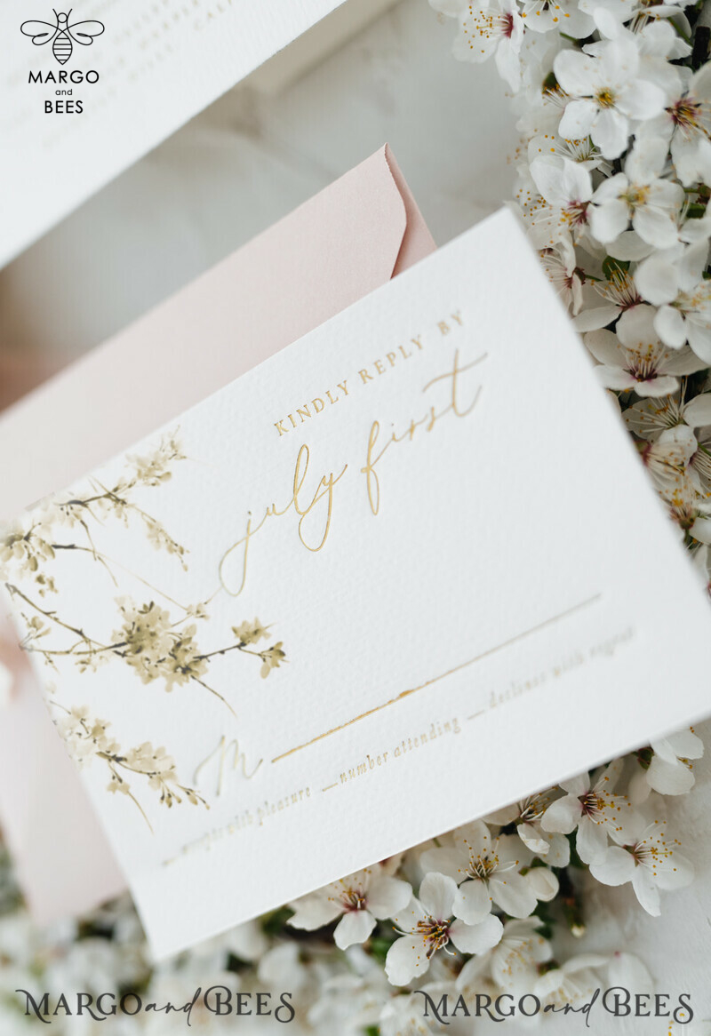 Romantic Blush Pink Wedding Invitations: Elegant White Sakura or Cherry Blossom with Minimalistic and Delicate Velvet Ribbon Suite-15
