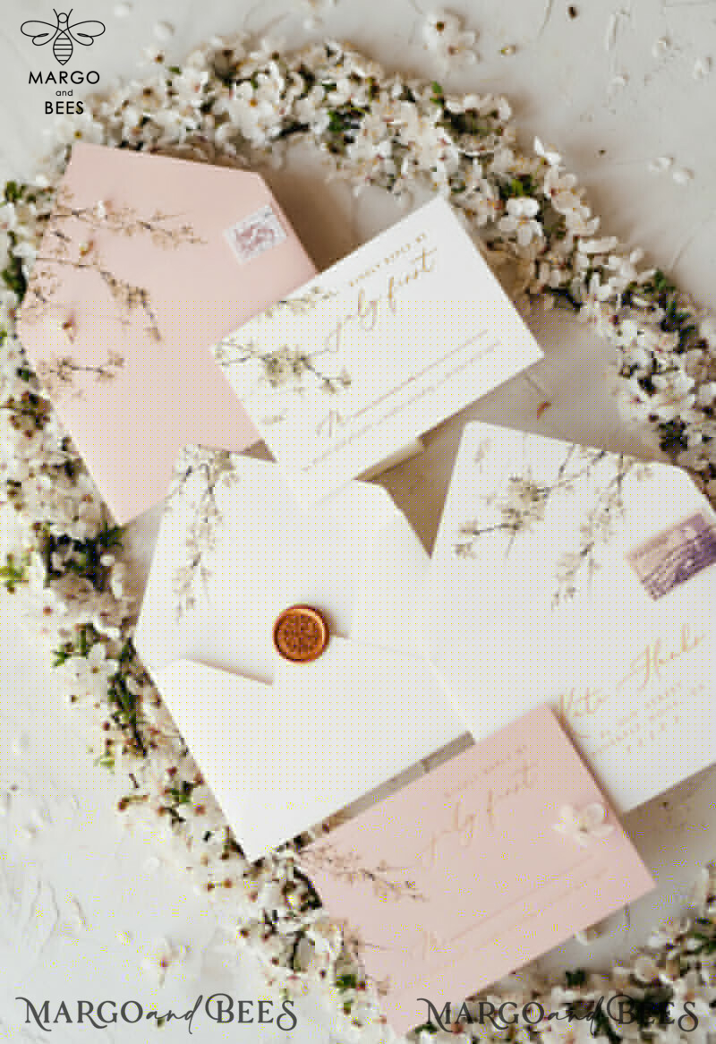 Romantic Blush Pink Wedding Invitations: Elegant White Sakura Blossom, Minimalistic Suite with Velvet Ribbon-16