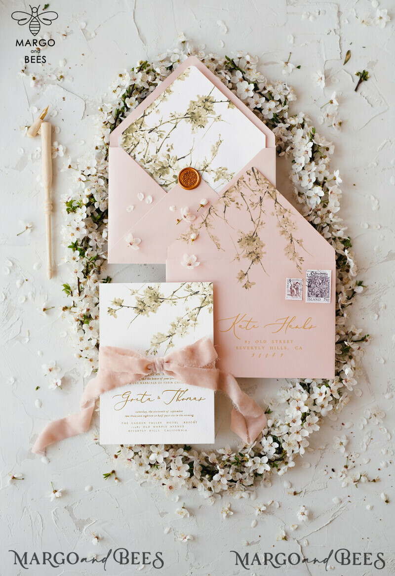 Cherry Blossom Personalized Wedding Invitations Elegant Stationery with Golden Letter Velvet silk Bow Blush Pink Envelope with Floral Liner-18