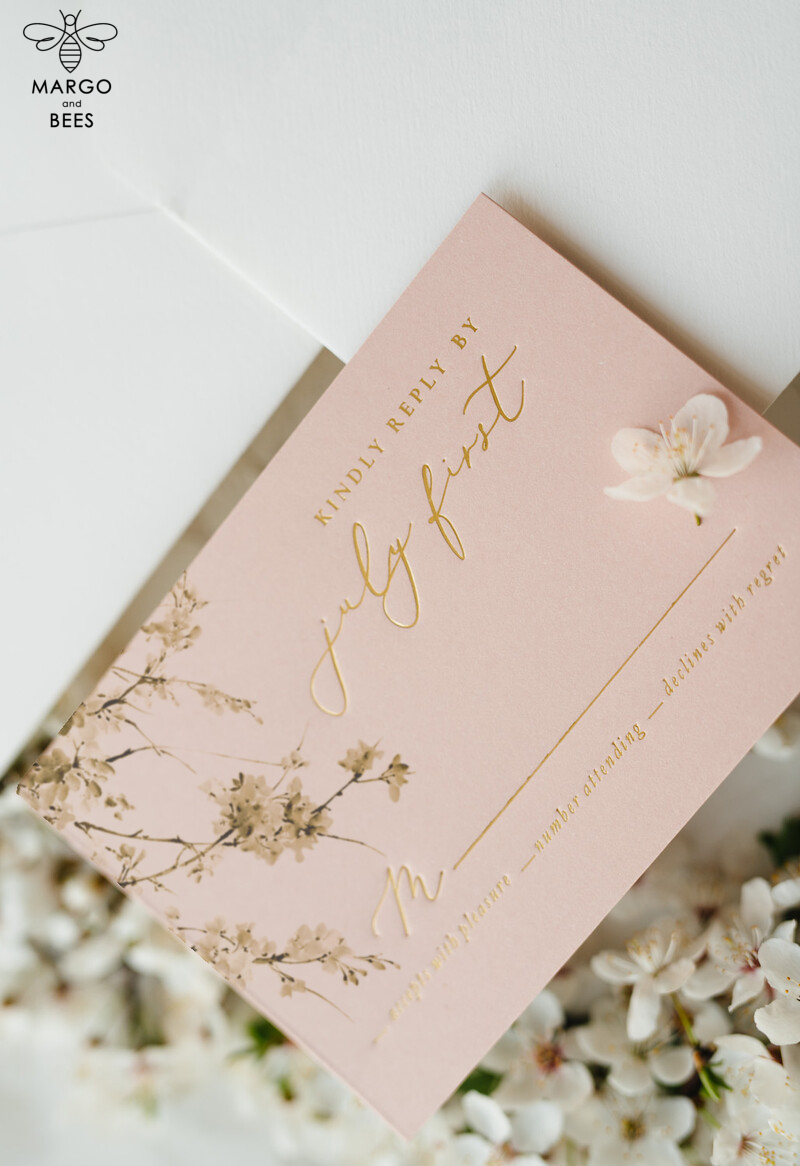 Cherry Blossom Personalized Wedding Invitations Elegant Stationery with Golden Letter Velvet silk Bow Blush Pink Envelope with Floral Liner-19