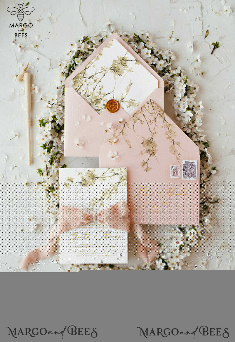 Romantic Blush Pink Wedding Invitations: Elegant White Sakura or Cherry Blossom with Minimalistic and Delicate Velvet Ribbon Suite-28