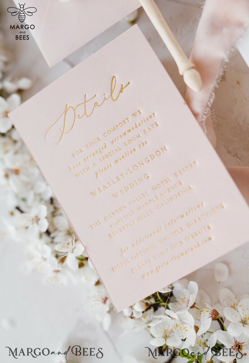 Cherry Blossom Personalized Wedding Invitations Elegant Stationery with Golden Letter Velvet silk Bow Blush Pink Envelope with Floral Liner-29