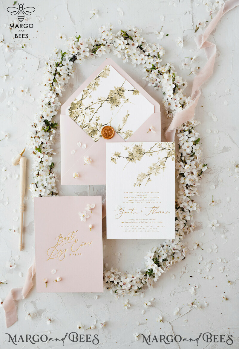 Cherry Blossom Personalized Wedding Invitations Elegant Stationery with Golden Letter Velvet silk Bow Blush Pink Envelope with Floral Liner-3