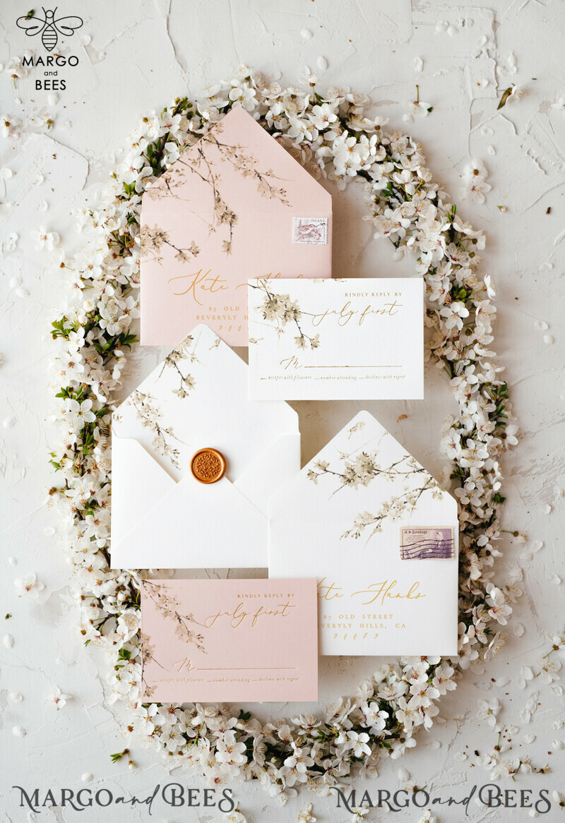 Romantic Blush Pink Wedding Invitations: Elegant White Sakura or Cherry Blossom with Minimalistic and Delicate Velvet Ribbon Suite-30