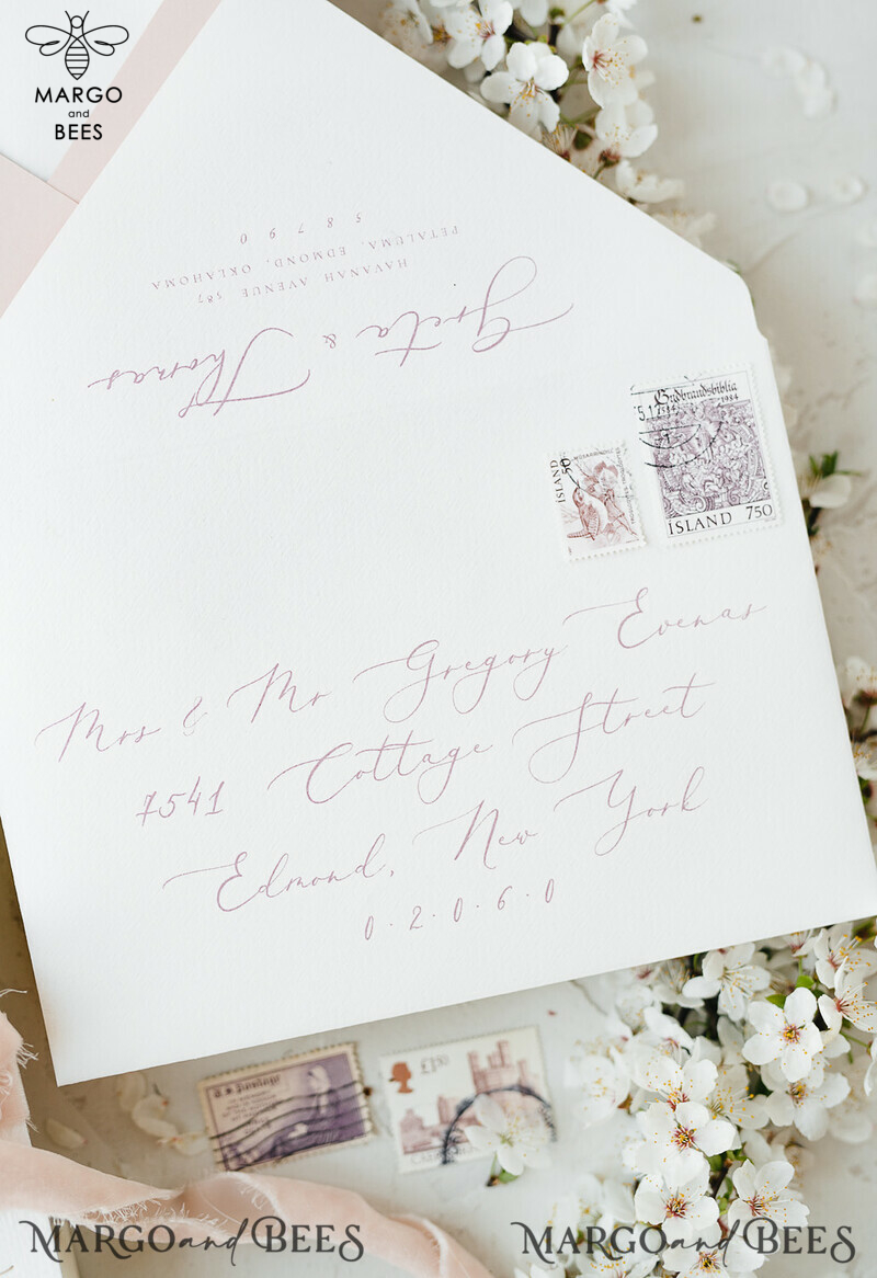 Romantic Blush Pink Wedding Invitations with Velvet Ribbon: Elegant White Sakura or Cherry Blossom Wedding Invites in a Minimalistic and Delicate Invitation Suite-31