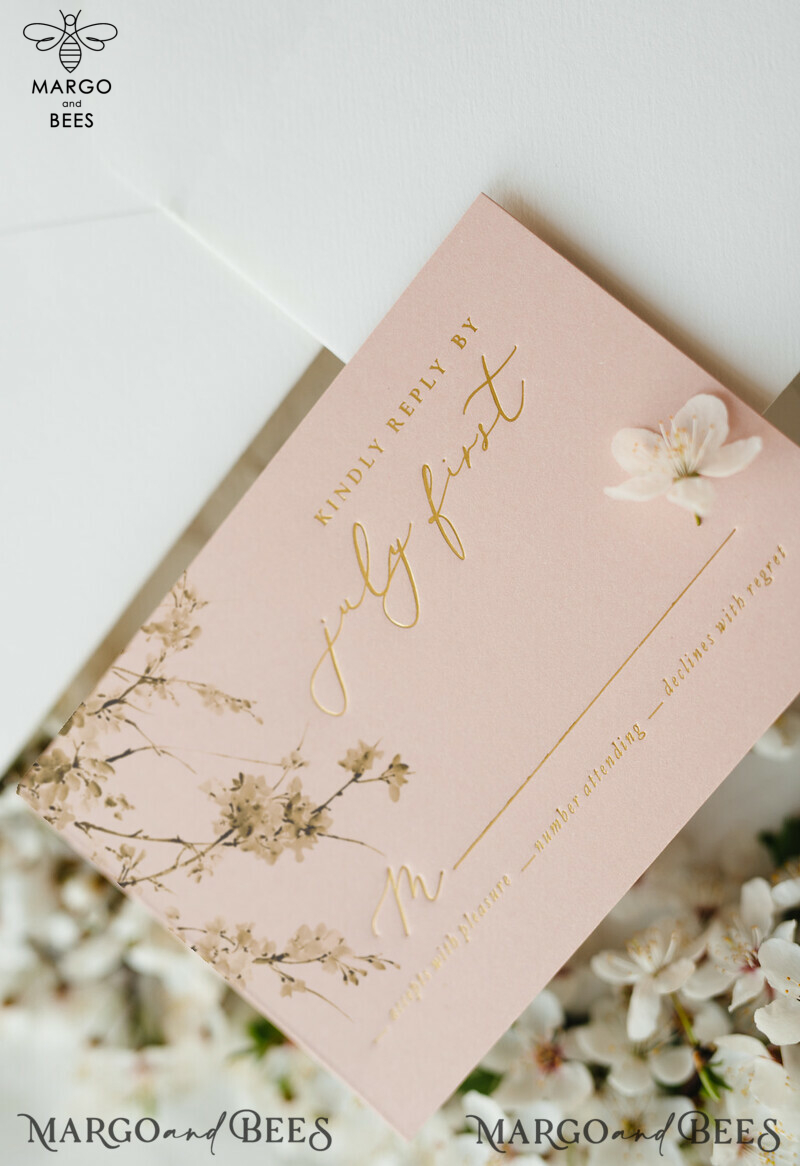 Romantic Blush Pink Wedding Invitations with Velvet Ribbon: Elegant White Sakura or Cherry Blossom Wedding Invites in a Minimalistic and Delicate Invitation Suite-32