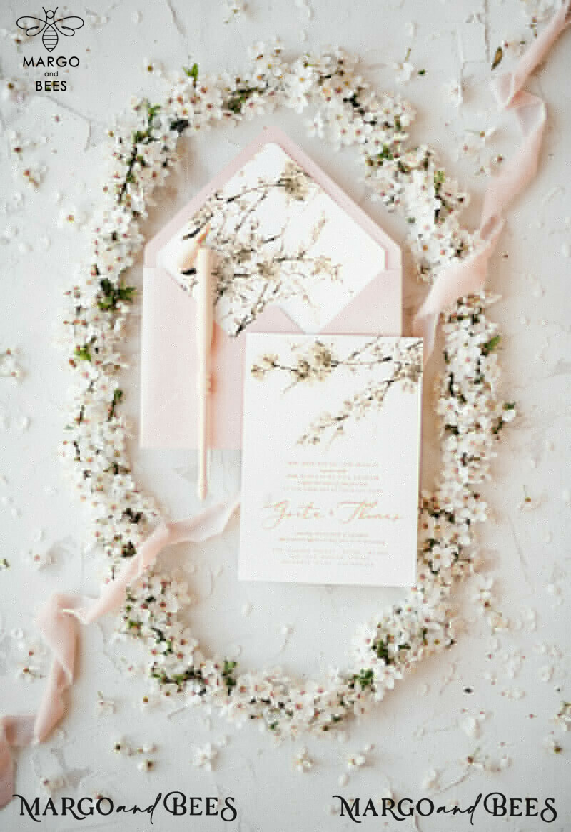 Cherry Blossom Personalized Wedding Invitations Elegant Stationery with Golden Letter Velvet silk Bow Blush Pink Envelope with Floral Liner-35