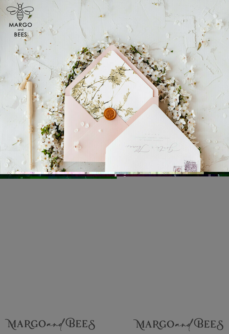 Romantic Blush Pink Wedding Invitations: Elegant White Sakura or Cherry Blossom with Minimalistic and Delicate Velvet Ribbon Suite-4
