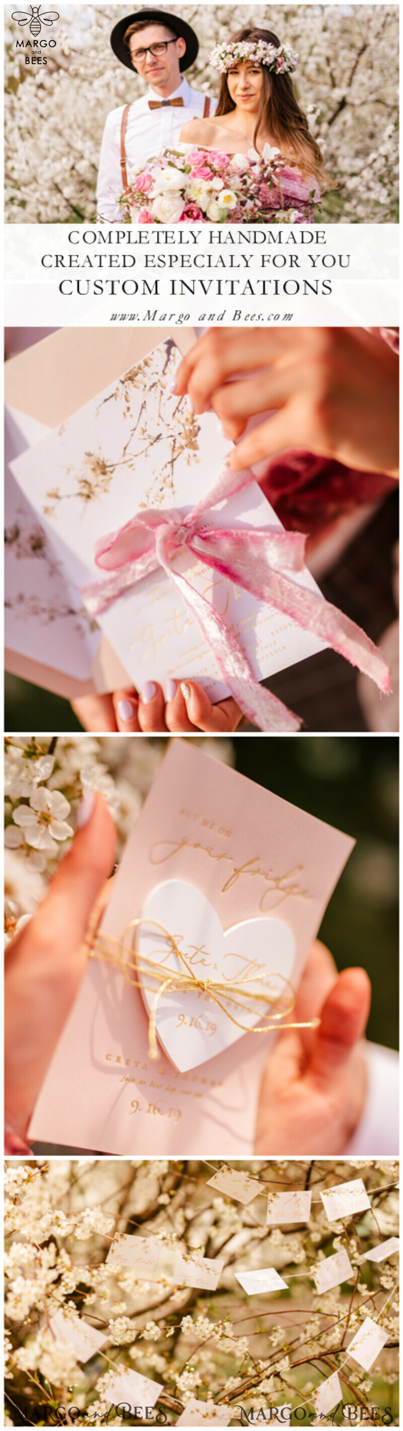 Cherry Blossom Personalized Wedding Invitations Elegant Stationery with Golden Letter Velvet silk Bow Blush Pink Envelope with Floral Liner-49