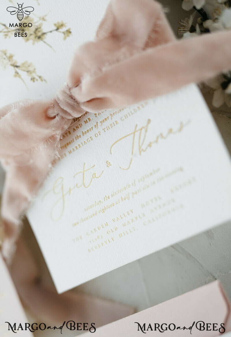  Romantic Blush Pink Wedding Invitations With Velvet Ribbon, Elegant White Sakura Or Cherry Blossom Wedding Invites, Minimalistic And Delicate Wedding Invitation Suite-5