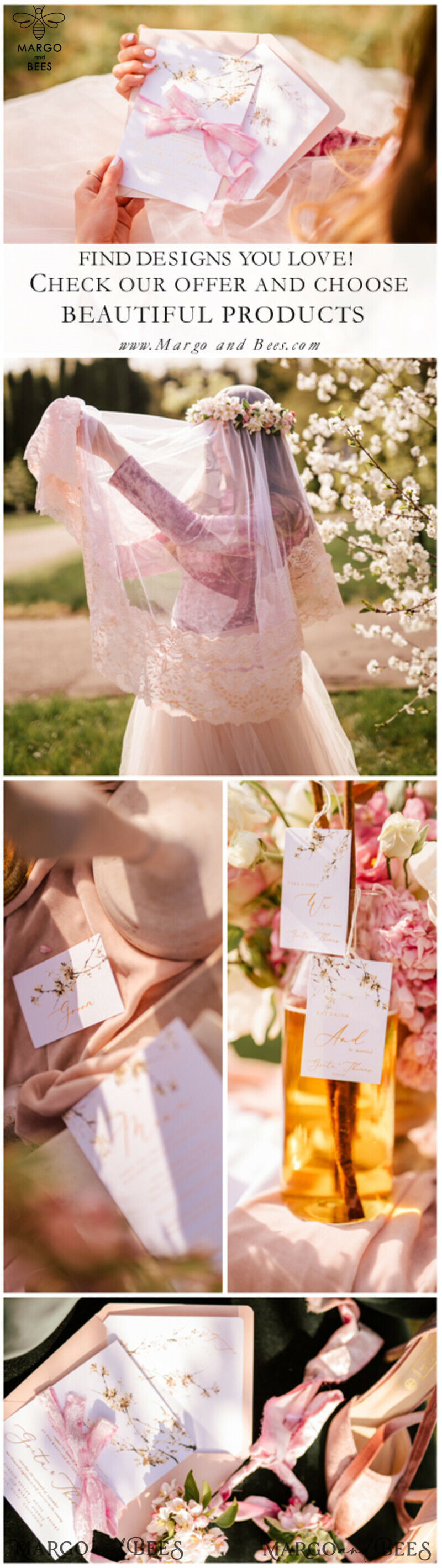  Romantic Blush Pink Wedding Invitations With Velvet Ribbon, Elegant White Sakura Or Cherry Blossom Wedding Invites, Minimalistic And Delicate Wedding Invitation Suite-50