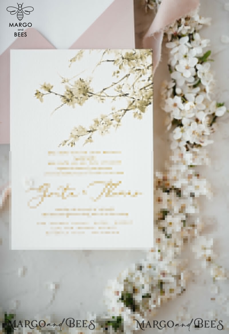 Romantic Blush Pink Wedding Invitations: Elegant White Sakura or Cherry Blossom with Minimalistic and Delicate Velvet Ribbon Suite-7