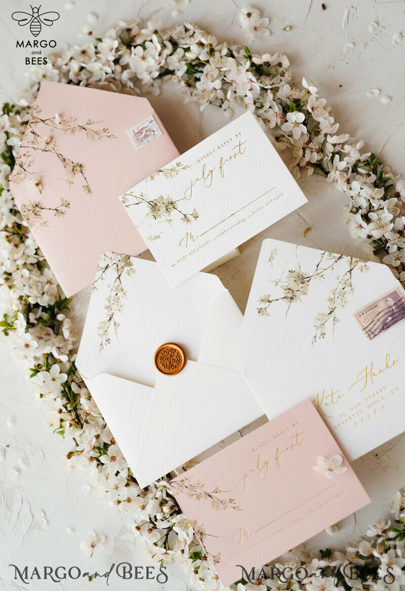 Romantic Blush Pink Wedding Invitations with Velvet Ribbon: Elegant White Sakura or Cherry Blossom Wedding Invites in a Minimalistic and Delicate Invitation Suite-8