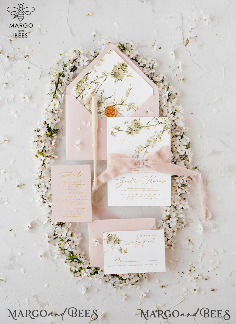 Romantic Blush Pink Wedding Invitations: Elegant White Sakura or Cherry Blossom with Minimalistic and Delicate Velvet Ribbon Suite-0