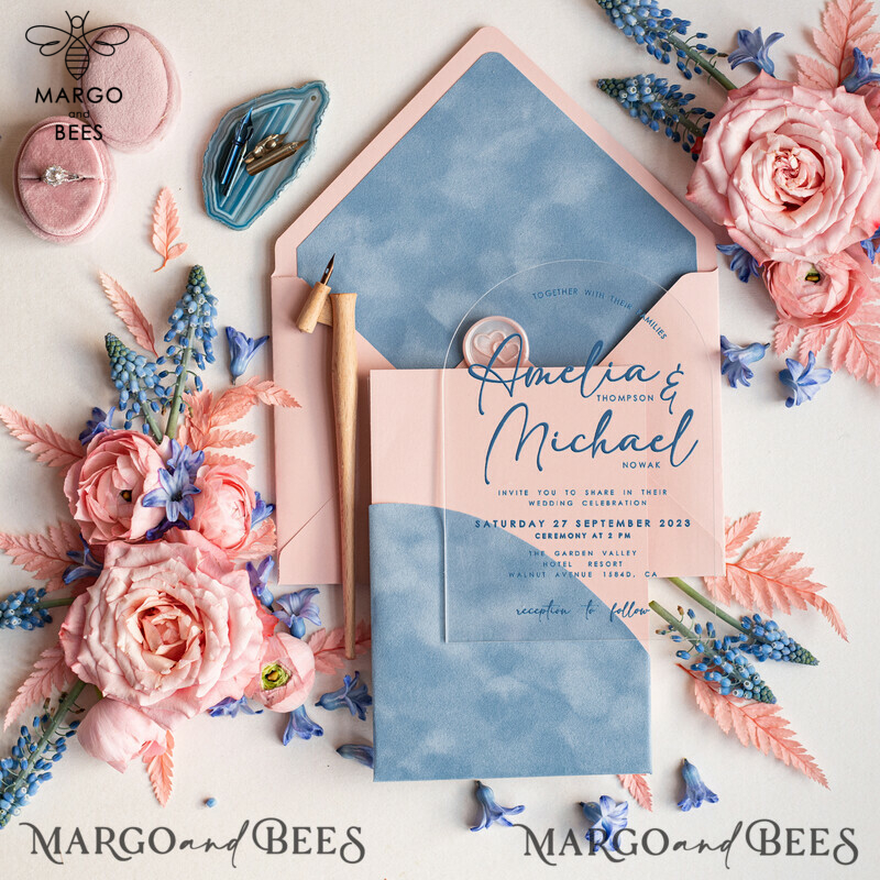 Elegant Arch Acrylic Wedding Invitations with Velvet Pocket | Dusty Blue and Blush Pink Modern Wedding Cards - Plexi Invitation Suite-1