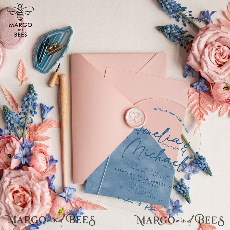 Elegant Arch Acrylic Wedding Invitations with Velvet Pocket | Dusty Blue and Blush Pink Modern Wedding Cards - Plexi Invitation Suite-2