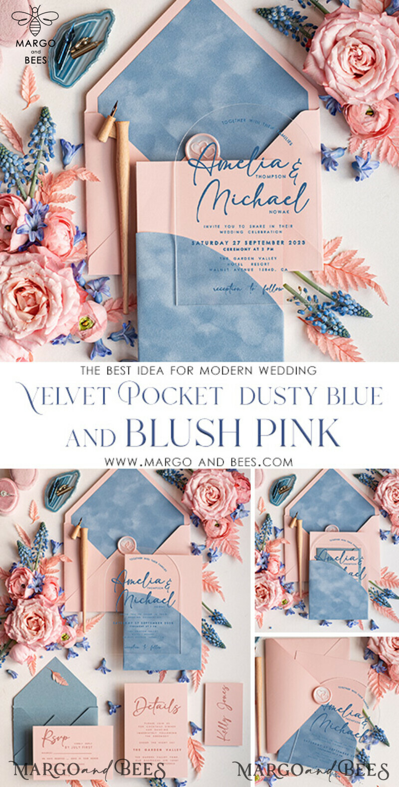 Elegant Arch Acrylic Wedding Invitations with Velvet Pocket | Dusty Blue and Blush Pink Modern Wedding Cards - Plexi Invitation Suite-3