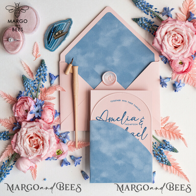 Elegant Arch Acrylic Wedding Invitations with Velvet Pocket | Dusty Blue and Blush Pink Modern Wedding Cards - Plexi Invitation Suite-4