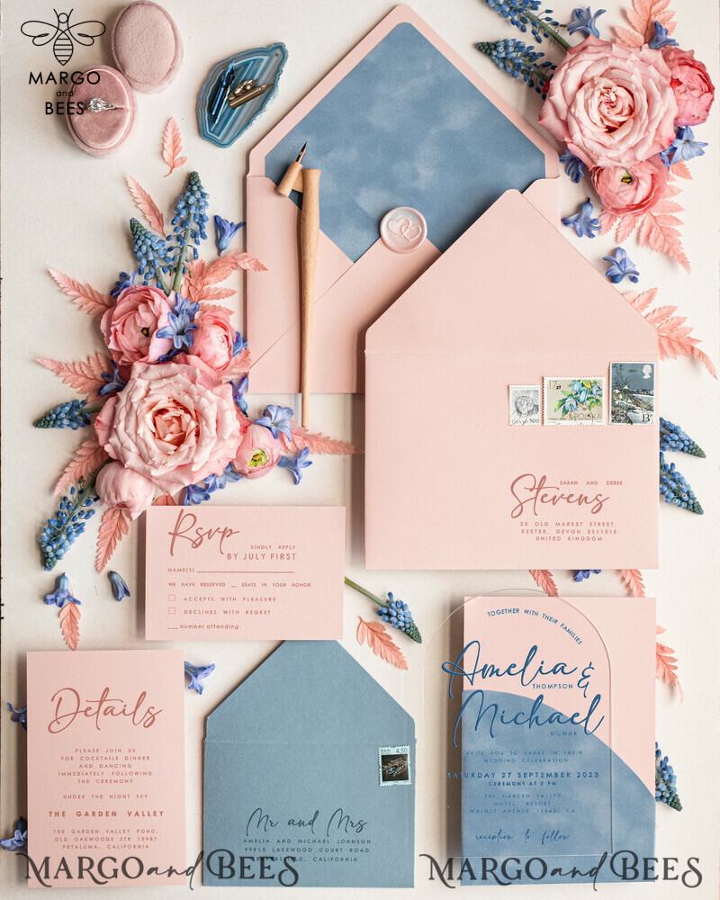 Elegant Arch Acrylic Wedding Invitations with Velvet Pocket | Dusty Blue and Blush Pink Modern Wedding Cards - Plexi Invitation Suite-5