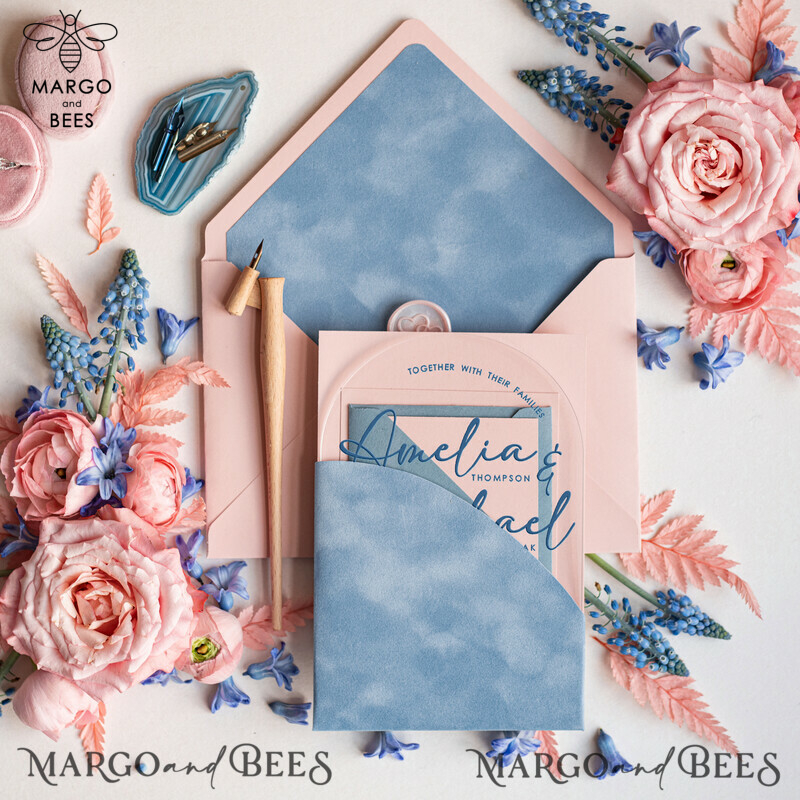 Elegant Arch Acrylic Wedding Invitations with Velvet Pocket | Dusty Blue and Blush Pink Modern Wedding Cards - Plexi Invitation Suite-6