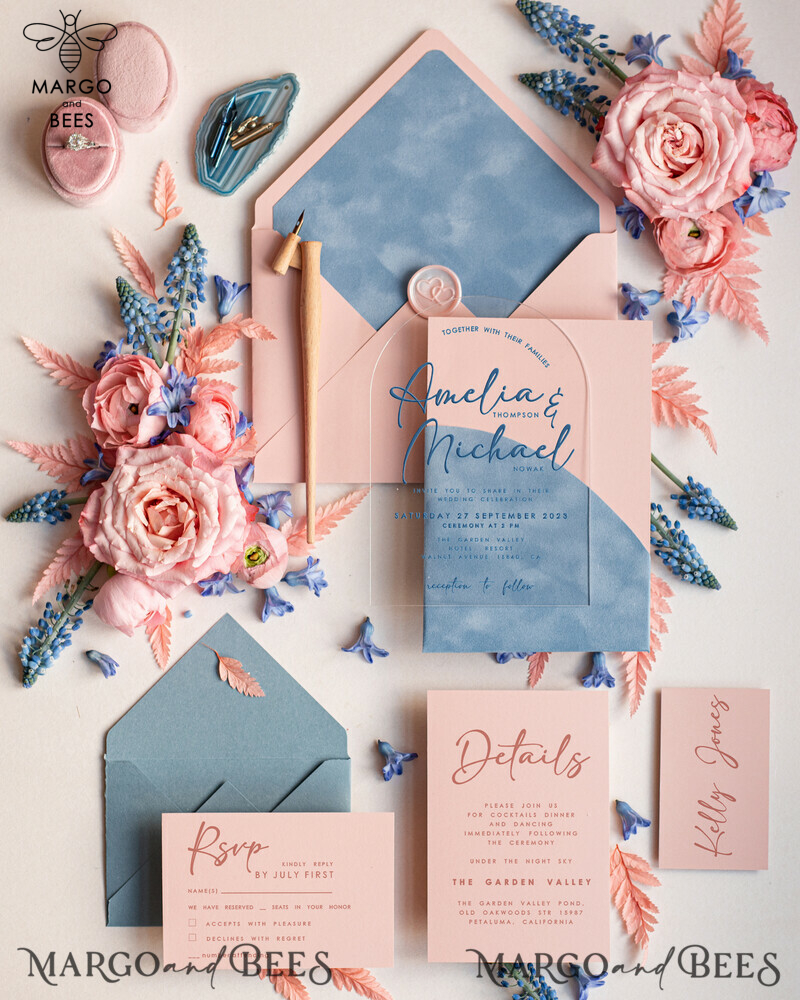 Elegant Arch Acrylic Wedding Invitations with Velvet Pocket | Dusty Blue and Blush Pink Modern Wedding Cards - Plexi Invitation Suite-0