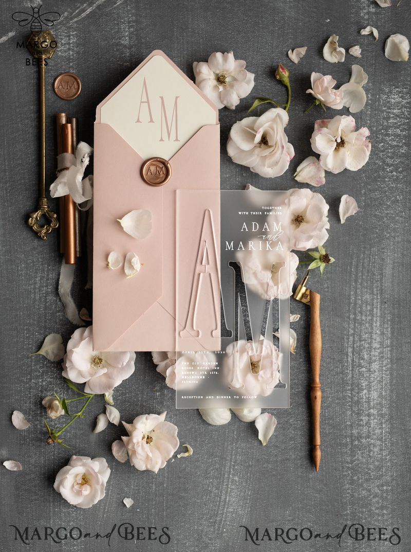 Luxury Frozen Acrylic Plexi Wedding Invitations With Engraved Initials, Romantic Blush Pink Wedding Invites, Minimalistic Wedding Invitation Suite, Elegant Vellum Wedding Cards-3