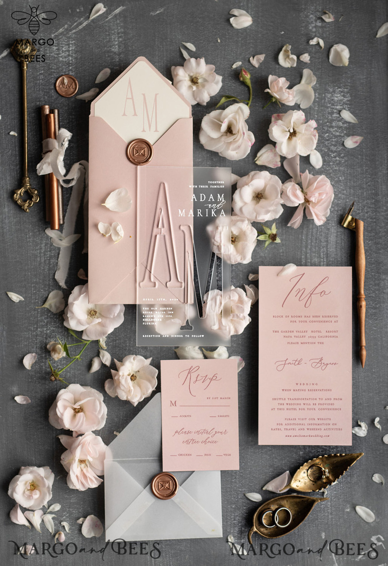 Luxury Frozen Acrylic Plexi Wedding Invitations With Engraved Initials, Romantic Blush Pink Wedding Invites, Minimalistic Wedding Invitation Suite, Elegant Vellum Wedding Cards-0