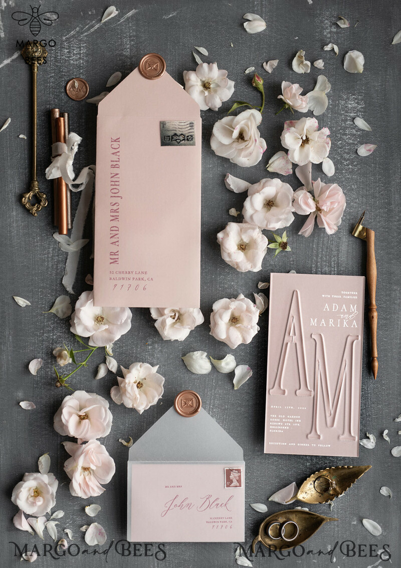 Luxury Frozen Acrylic Plexi Wedding Invitations with Engraved Initials: Romantic Blush Pink Wedding Invites and Elegant Vellum Wedding Cards in a Minimalistic Invitation Suite-1