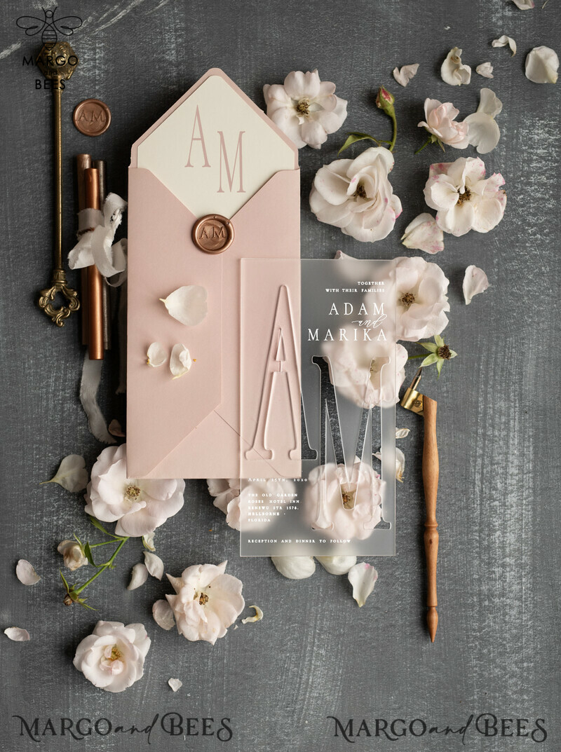 Luxury Frozen Acrylic Plexi Wedding Invitations with Engraved Initials: Romantic Blush Pink Wedding Invites and Elegant Vellum Wedding Cards in a Minimalistic Invitation Suite-3