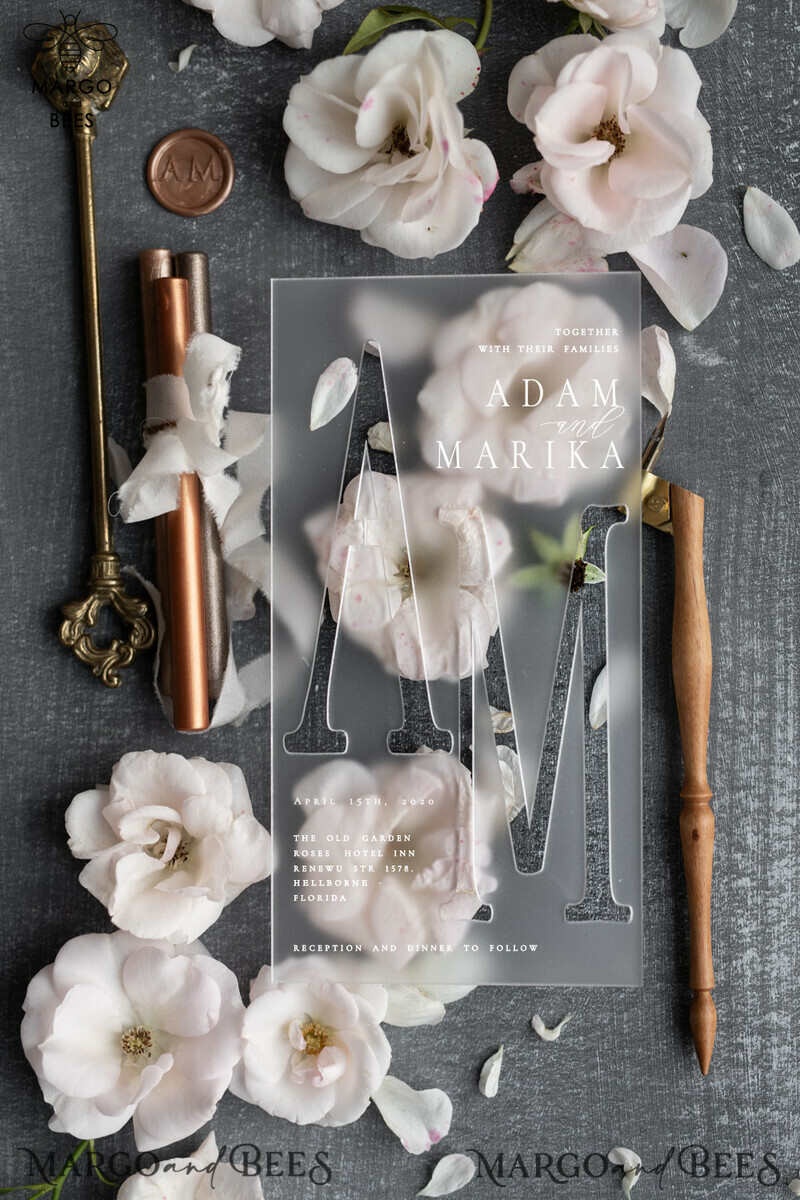 Luxury Frozen Acrylic Plexi Wedding Invitations with Engraved Initials: Romantic Blush Pink Wedding Invites and Elegant Vellum Wedding Cards in a Minimalistic Invitation Suite-4