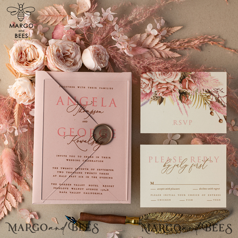Blush Pink Modern  Acrylic Wedding Invitations, Spring Boho  Plexi Wedding Invitation Suite, Elegant Boho Wedding Invites, Minimalist  Wedding Stationery-0