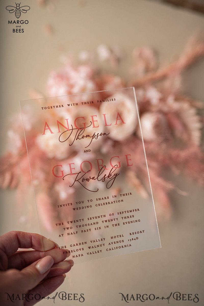 Blush Pink Modern  Acrylic Wedding Invitations, Spring Boho  Plexi Wedding Invitation Suite, Elegant Boho Wedding Invites, Minimalist  Wedding Stationery-2