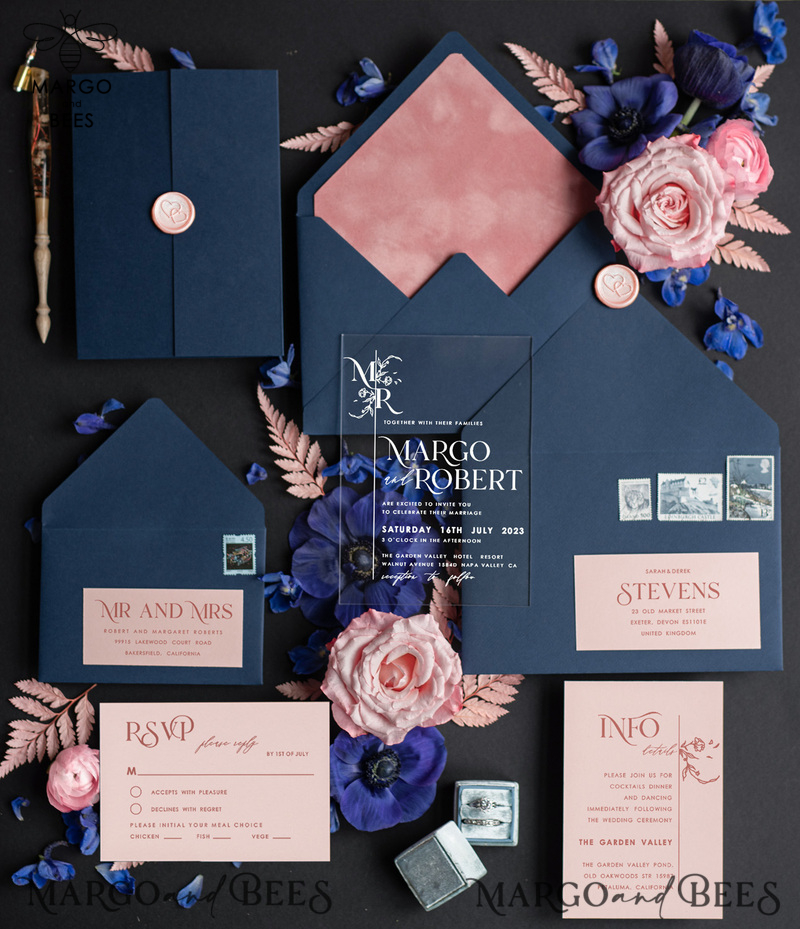 Velvet Modern Wedding invitations Acrylic, elegant Acrylic wedding cards, Romantic Minimalist Wedding Invites, Luxury Navy wedding Stationary-4