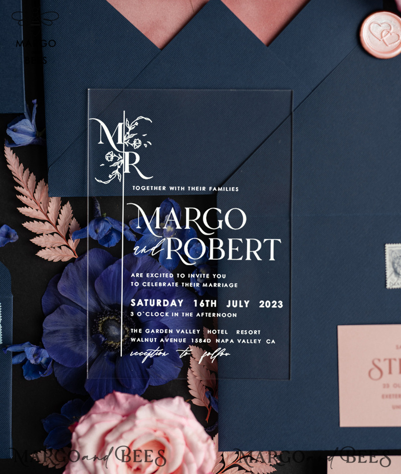 Velvet Modern Wedding invitations Acrylic, elegant Acrylic wedding cards, Romantic Minimalist Wedding Invites, Luxury Navy wedding Stationary-5