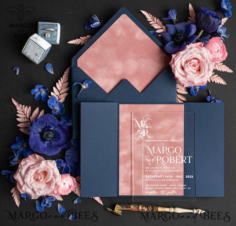 Luxury Navy Wedding Stationary: Elegant Acrylic Wedding Cards with Velvet Modern Wedding Invitations - Romantic Minimalist Wedding Invites-1