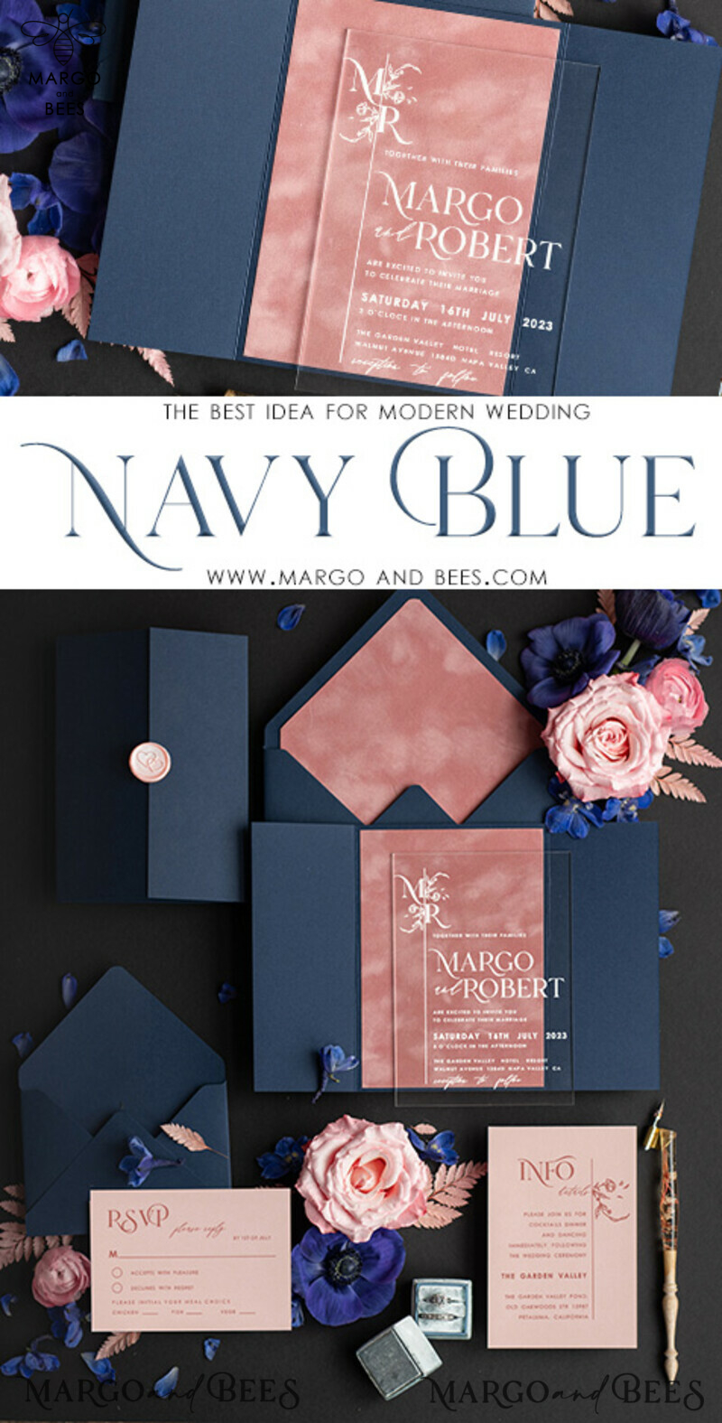 Luxury Navy Wedding Stationary: Elegant Acrylic Wedding Cards with Velvet Modern Wedding Invitations - Romantic Minimalist Wedding Invites-3